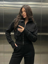 Damen Warmer Trainingsanzug – Bequemer Zweiteiler Mit Taschen Und Hohem Kragen – Schwarz