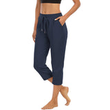 Damen nan komfortable Loungehose mit hohem Bund Tunnelzug Seitentaschen und leichtem Stretch Drune – Nachtblau (7/8-Hose)