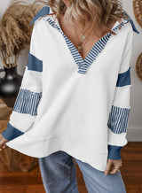 Damen Oversized V-Ausschnitt Gestreifter Sweatshirt – Weiß mit Blau