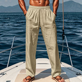 Herren nan maritime Freizeit-Leinenhose mit weitem Bein elastischem Tunnelzug und Bundfalten Drune – Khaki