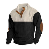 Herren nan rustikaler gerippter Pullover mit Henley-Kragen und lederartigen Ellbogenbesätzen Drune – Apricot + Schwarz
