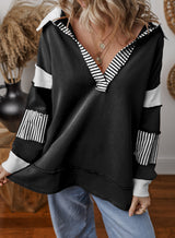 Damen Oversized V-Ausschnitt Gestreifter Sweatshirt – Schwarz