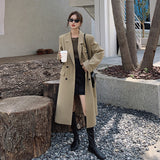 Damen zweireihiger Oversize-Trenchcoat mit Revers und verlängertem Schnitt – Khaki