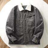 Herren gefütterte Cordjacke mit Teddykragen und Knopfleiste – Grau
