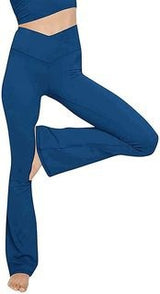 Damen nan taillenhohe Yogahose mit überkreuztem Bund und ausgestelltem Saum mit Schlitz Drune – Blau