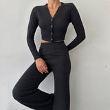 Damen Enganliegendes Crop Top Und High Waist Hosen Set – Zweiteiler Mit Knöpfen – Schwarz