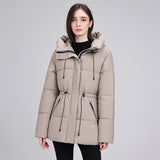 Damen wattierter Kapuzenparka mit taillierbarem Kordelzug und Rippbündchen – Khaki