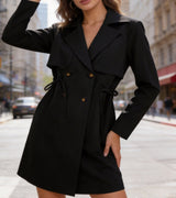 Damen Kurzblazer mit verstellbarer Taille und doppelter Knopfleiste – Schwarz