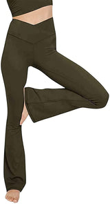 Damen nan taillenhohe Yogahose mit überkreuztem Bund und ausgestelltem Saum mit Schlitz Drune – Olivgrün