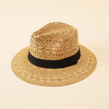 Damen Strohhut im Fedora-Stil mit breiter Krempe und elegantem Band – Braun