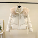 Damen kurze Steppjacke mit voluminösem Webpelzkragen und Taillenriemen – Offwhite