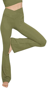 Damen nan taillenhohe Yogahose mit überkreuztem Bund und ausgestelltem Saum mit Schlitz Drune – Hellgrün
