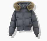 Damen kurzer gesteppter Blouson mit abnehmbarer Kapuze – Grau