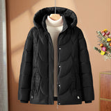 Damen gesteppte Thermo-Outdoorjacke mit Kapuze und Blumenstickerei – Schwarz