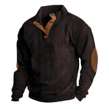 Herren nan grober Rippstrick-Pullover mit Stehkragen, Knopfleiste und markanten Ellenbogenpatches Drune – Dunkelbraun