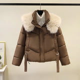 Damen kurze Steppjacke mit voluminösem Webpelzkragen und Taillenriemen – Braun