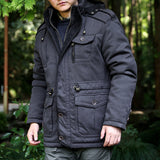 Herren Parka mit Kapuze, Kordelzug, Knöpfen und Taschen – Schwarz