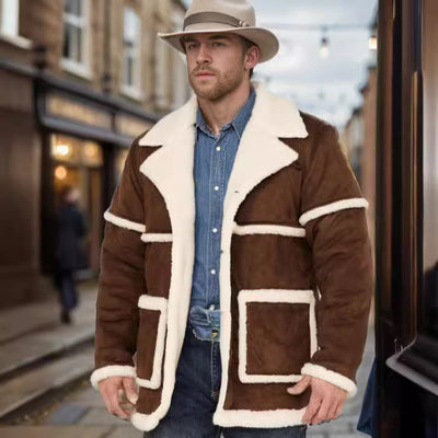 Herren Lammfell-gefütterte Bikerjacke mit breitem Kragen und praktischen Taschen Aliams