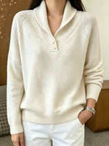 Martha | Damen Langarmpullover mit Knöpfen – Beige Weiß