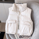 Damen kurze isolierende Steppweste mit Stehkragen und Kordelzugsaum – Offwhite