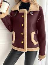 Damen Teddyfelljacke mit Knopfleiste und Seitentaschen – Rot