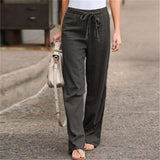 Damen nan weite Leinenhose mit Tunnelzugbund, geradem Bein und Eingrifftaschen Drune – Dunkelgrau