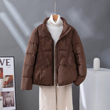 Damen kurzer Steppblouson mit hoher Kragenblende und Pattentaschen – Braun