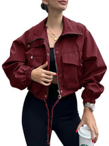 Damen Kurzjacke mit Kordelzug und elastischen Bündchen – Weinrot