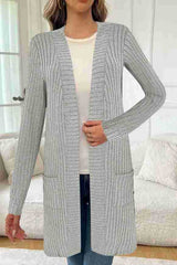 Damen Longline Langarm-Cardigan mit Taschen – Grau