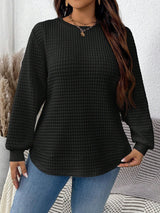Damen nan Waffelstrick Longsleeve mit Rundhalsausschnitt, leicht A-Linien-Schnitt und gerippten Bündchen Drune – Schwarz