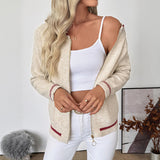 Damen Langarm Zip-Up Bomber Cardigan mit Taschen – Grau-Aprikose