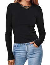 Damen Figurbetontes Langarmshirt Mit Rippstruktur – Schmaler Stretch Fit – Schwarz