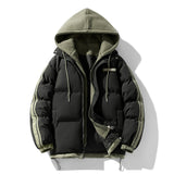 Herren wattierter Parka mit innenliegendem Hoodie und Zwei-Wege-Reißverschluss – Schwarz mit Grünbesatz