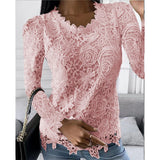 Damen nan figurbetonte Spitzenbluse mit floraler Allover-Spitze, Langarm und gezacktem Saum Drune – Pink