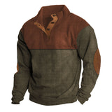 Herren nan gerippter Pullover mit Stehkragen, Knopfleiste und Ellbogen-Patches Drune – Ziegelrot + Khaki