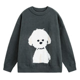 Damen Oversized Rundhals Pullover mit Hundemotiv – Galaxie Grau
