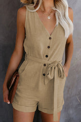 Damen Ärmelloser Knopf Playsuit – Sommer Jumpsuit Mit Gürtel – Khaki