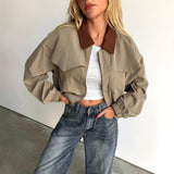 Damen Bomberjacke mit Kragen und geripptem Bündchen – Khaki