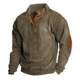 Herren nan grober Rippstrick-Pullover mit Stehkragen, Knopfleiste und markanten Ellenbogenpatches Drune – Khaki