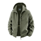 Herren Softshelljacke im Tactical-Stil mit versteckter Kapuze und Brusttasche – Olivgrün