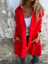 Damen nan Kapuzenmantel mittellanger Baumwollmix mit Druckknopfleiste und Eingrifftaschen Drune – Rot