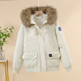 Damen wattierte Bomberjacke mit abnehmbarer Kunstfellkapuze und Rippbündchen – Offwhite