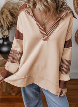Damen Oversized V-Ausschnitt Gestreifter Sweatshirt – Khaki