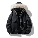 Herren wattierte Winterjacke mit Kapuze und abnehmbarem Kunstfellkragen – Schwarz
