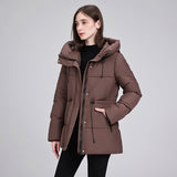 Damen wattierter Kapuzenparka mit taillierbarem Kordelzug und Rippbündchen – Braun