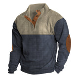 Herren nan rustikaler gerippter Pullover mit Henley-Kragen und lederartigen Ellbogenbesätzen Drune – Khaki + Blau