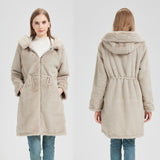Damen langer Parka mit abnehmbarer Kapuze und taillenverstellbarem Kordelzug – Beigegrau