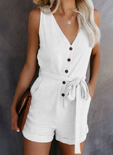Damen Ärmelloser Knopf Playsuit – Sommer Jumpsuit Mit Gürtel – Weiß
