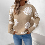 Sophie | Damen Langarm Rundhals Blumensweater – Khaki