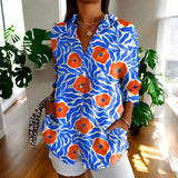 Damen Geblümte Bluse Mit Knopfleiste – Blau